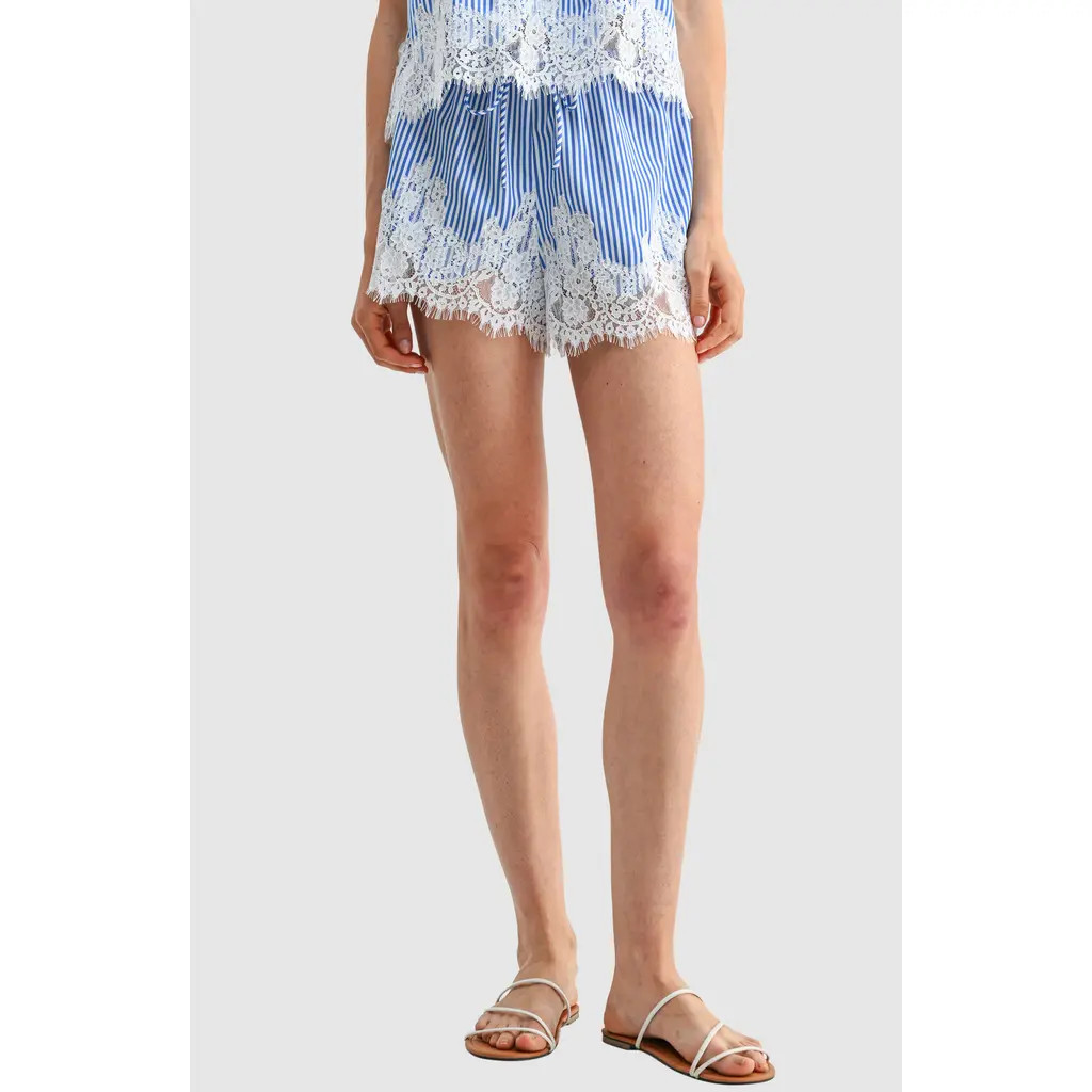 All in Favor Lace Hem Stripe Shorts in Blue Stripe at Nordstrom, Size X-Large | Nordstrom