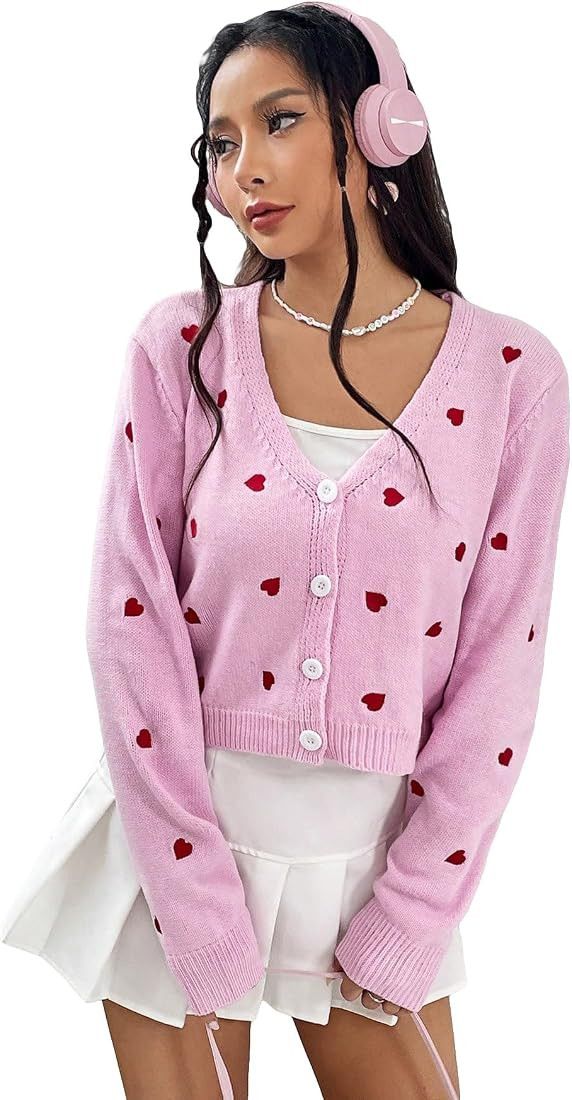 MakeMeChic Women's Heart Print V Neck Button Front Knitted Crop Cardigan Sweater | Amazon (US)
