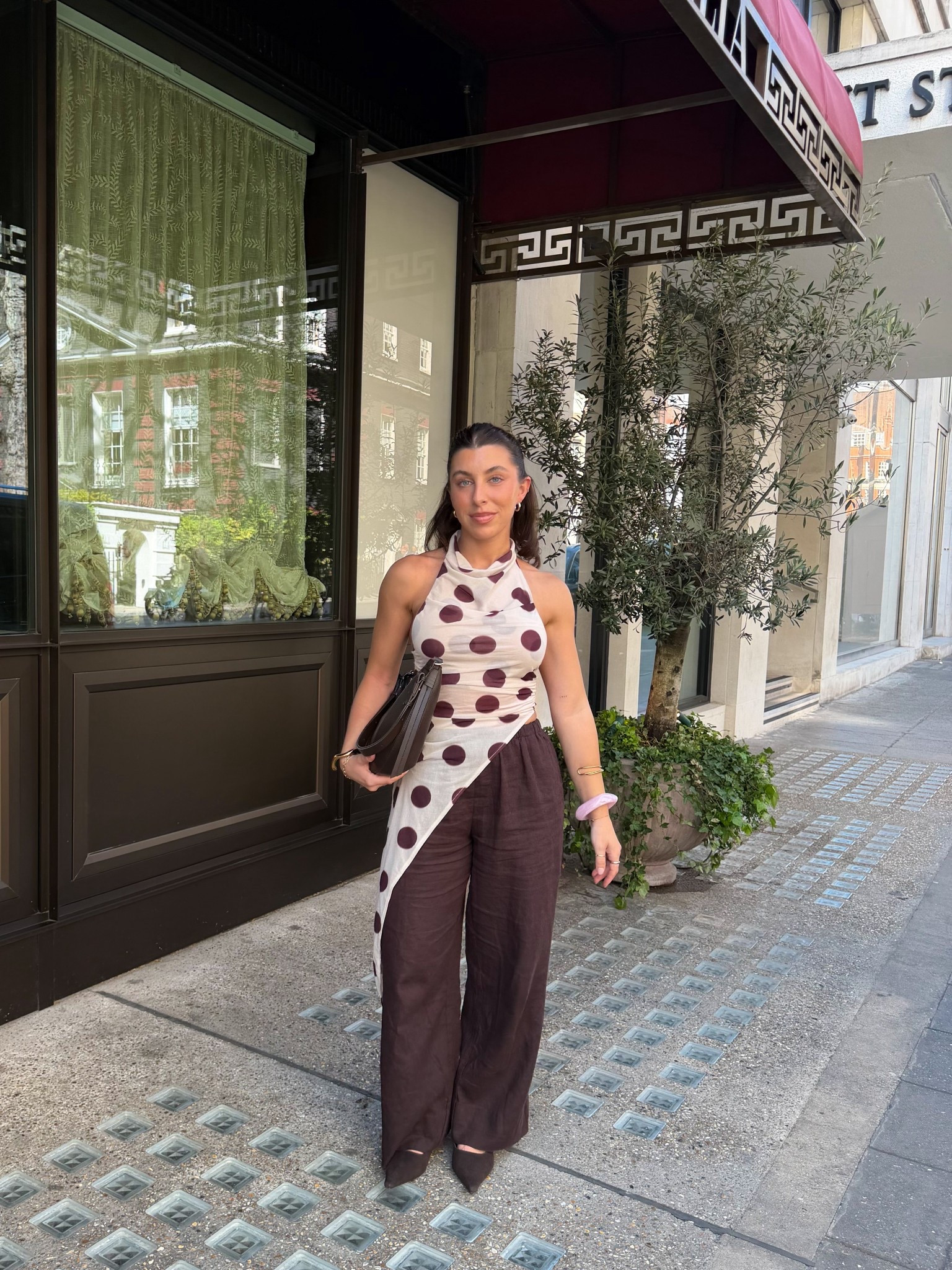 Polka dot, spring, linen trousers, brown, kitten heels, outfit, petite, style, wardrobe, basics, summer, essentials, London, looks, cross body bag, shoulder bag, asos, glassons, cotton on, pumps, ballet pump, bangles, jewellery, M&S, marks and Spencer 

#LTKspring #LTKuk #LTKpetite