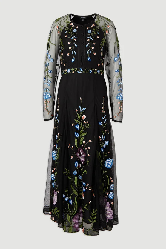 Placed Floral Embroidered Mesh Woven Belted Maxi Dress | Karen Millen US