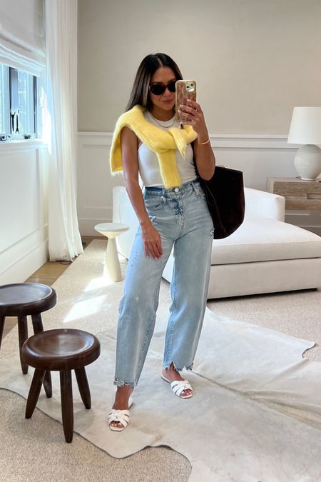 Causal chic spring outfit💛 pop of yellow, jeans and tank outfit, casual style, barrel jeans. 

#LTKstyletip #LTKfindsunder100 #LTKSeasonal