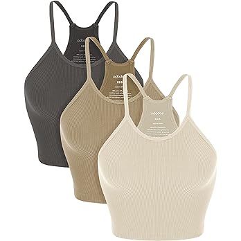 ODODOS Women's Crop 3-Pack Washed Seamless Rib-Knit Camisole Crop Tank Tops | Amazon (US)