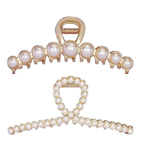 Textention Vintage Metal Pearl Hair Clip, Imitation Pearl Hair Claw Clips Large Size, Hair Clasps Accessories for Women Lady Girls, 2 Pieces | Amazon (US)