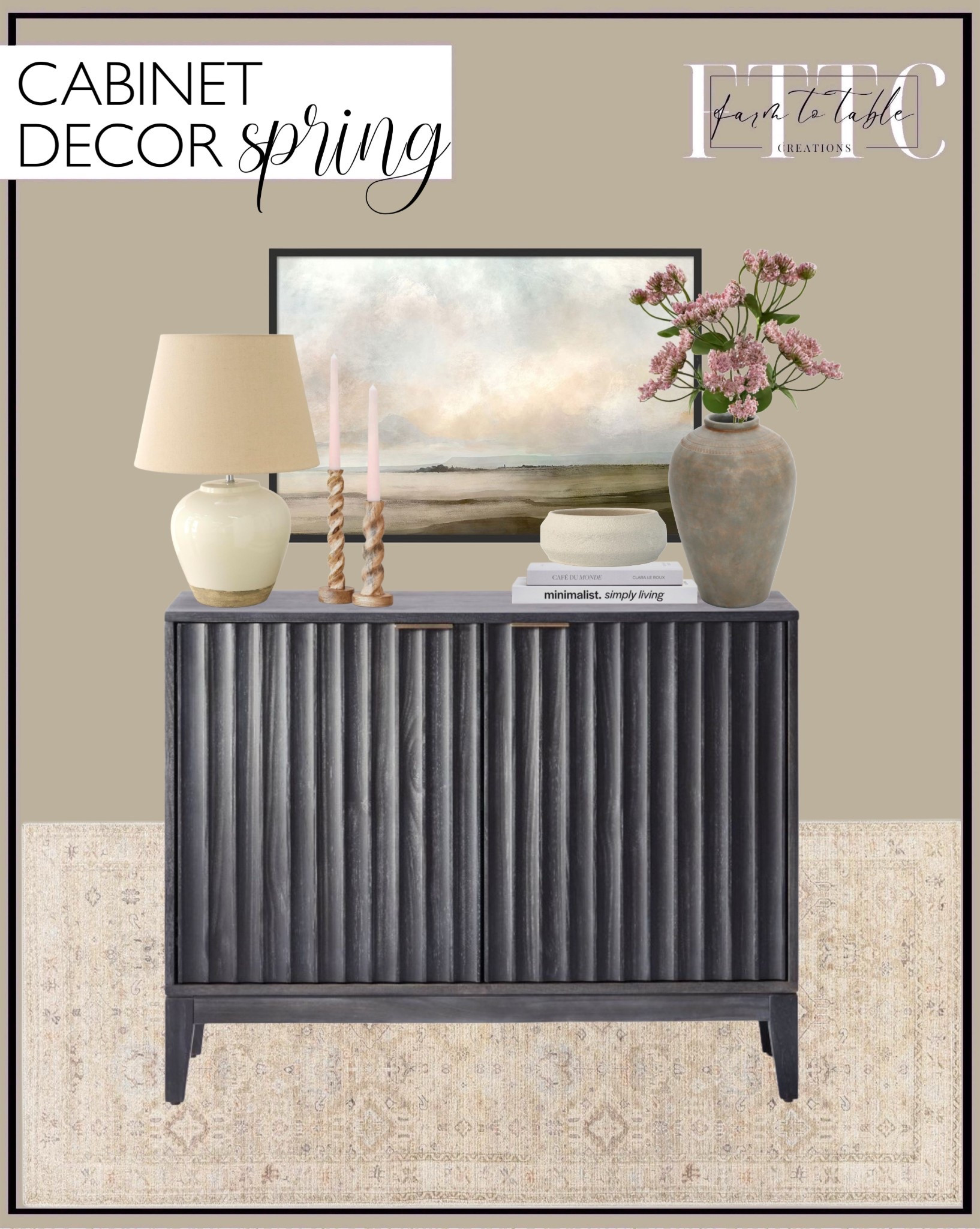 Spring Cabinet Decor. Follow @farmtotablecreations on Instagram for more inspiration.

Thousand Oaks Wood Scalloped Two Door Cabinet Threshold. Area Rug. Runner for entryway. Topsham Framed Abstract Art Print. Ceramic Pot Table Lamp. Rustic Brown Terracotta Vase. Queen Anne’s Lace Faux flowers. Decorative Bowl. Coffee Table Books. Hand Carved Candlestick. Taper Candles. 

Fluted Cabinet | Bedroom Furniture | nightstands | Home Decor| Fireplace Decor | Spring Refresh |  Bedroom Finds | Neutral Stems | Spring Stems | Bookshelf Decor | Bedroom Space | Cozy  Corner | Bathroom | Curated Entryway | Spring  Decor | End of Year Clearance | Trending Decor | Viral Decor  | Coffee Table Decor | Neutral Decor | Stem Sale | Target Finds | Skinny Bench | Bedroom | Living Room | Breakfast Nook | Amazon Home | Target Sale | Loloi Rugs | Magnolia Home | console table | console table styling | faux stems | entryway space | front porch decor | neutral decor | entryway decor | cozy home | affordable decor |  home decor | home inspiration | console styling | entryway rug | cozy moody home | moody home decor | neutral home | bathroom decor | living room | spring decor | Hearth & Hand | Studio McGee | 2025 Home Trends | trending home | Crate&Barrel 




#LTKFindsUnder50 #LTKSaleAlert #LTKHome