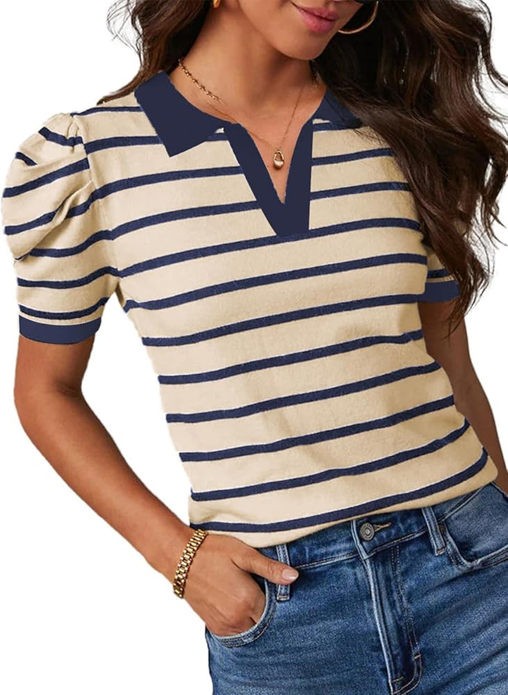 Dokotoo Womens Puff Short Sleeve Shirts Trendy V Neck Dressy Casual Knit Tops Stripes Collared T ... | Amazon (US)