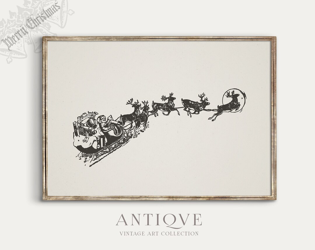 Santa on His Sleigh With Raindeers and Presents Print - Etsy | Etsy (US)