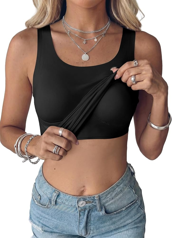 SHEWIN Women Scoop Neck Tank Tops Sleeveless Basic Camisole Shirts with Built-in Bra Slim Fit 202... | Amazon (US)