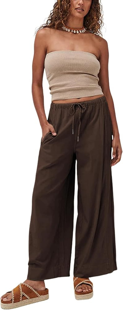 Faleave Women's Linen Palazzo Pants Summer Wide Leg High Waist Casual Lounge Pant Trousers with P... | Amazon (US)