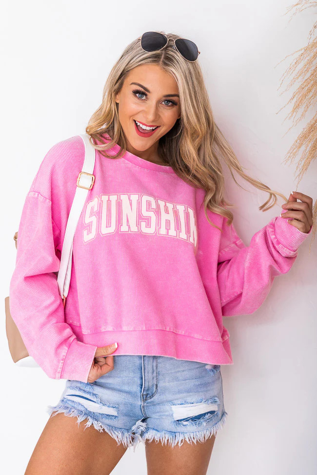 Sunshine Varsity Cropped Corded Pink Graphic Sweatshirt | The Pink Lily Boutique