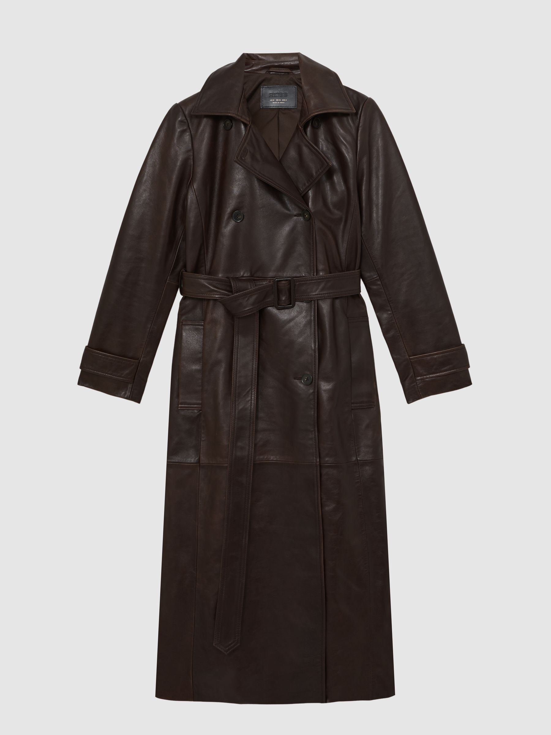 Leather Double-Breasted Trench Coat in Chocolate | Reiss UK
