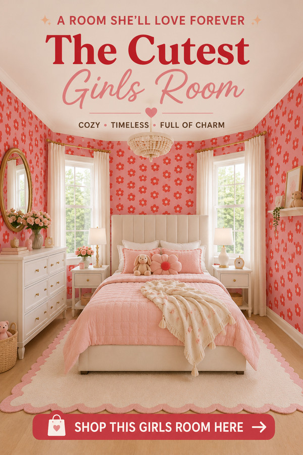 Create the prettiest pink floral girls bedroom with vintage-inspired wallpaper, cozy furniture, and charming decor she'l