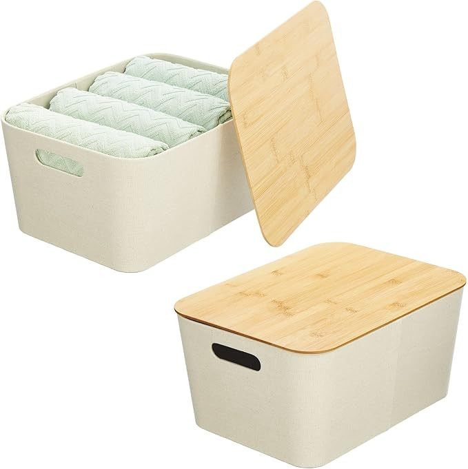 mDesign Modern Fabric Covered Basket with Lid - Stacking Decorative Storage Bin Box with Bamboo C... | Amazon (US)