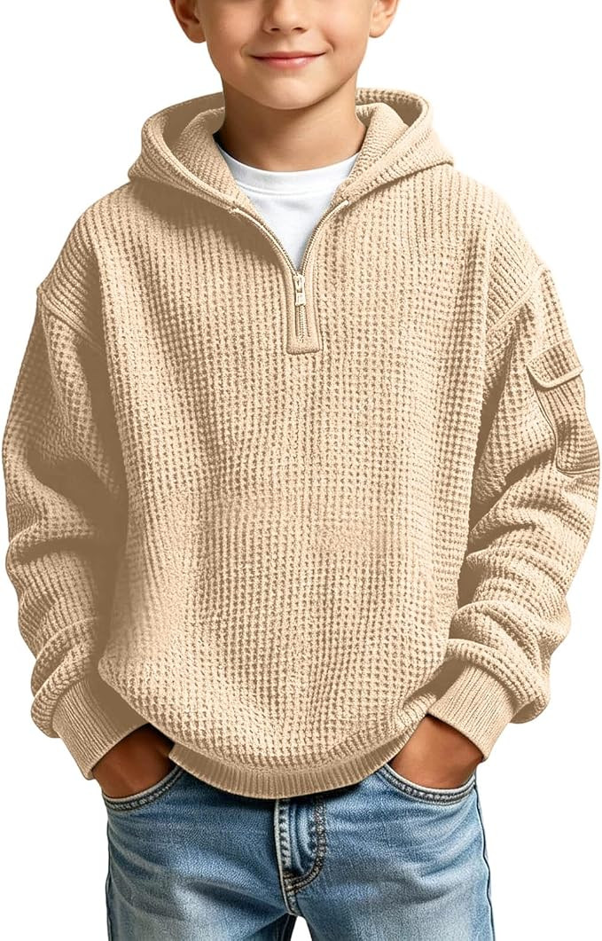 Hoodies for Boys Quarter Zip Waffle Knit Pullover Hooded Sweatshirt Tops | 3-14 Years,Kids Zip Lo... | Amazon (US)