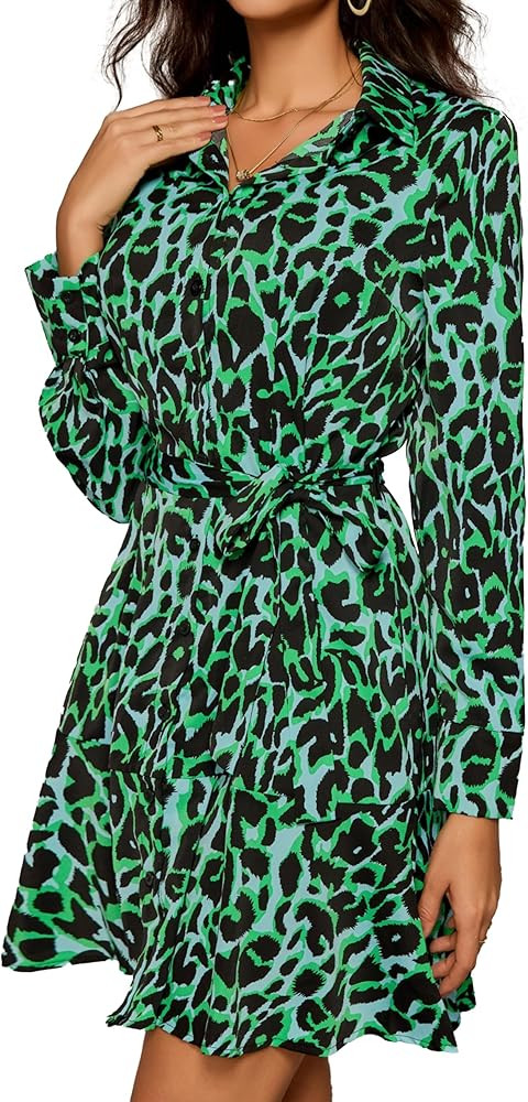 Women's Long Sleeve Collar Button Up Shirt Dress with Belt for Work | Amazon (US)