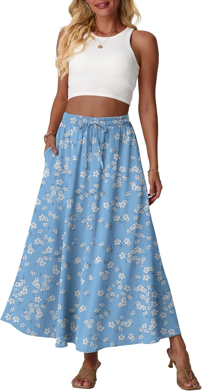 Lepunuo Women Flowy Maxi Skirts High Waisted Summer Casual Long Skirts with Pockets A-Line Elasti... | Amazon (US)