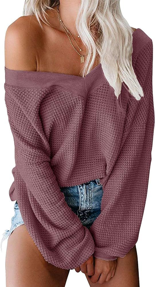 Womens Oversized Off The Shoulder Tops Long Sleeve Waffle Knit Shirt V Neck Pullover Sweater | Amazon (US)