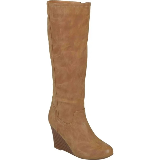 Women's Journee Collection Langly Wide Calf Wedge Heel Knee High Boot Tan Faux Leather 10 M | Walmart (US)