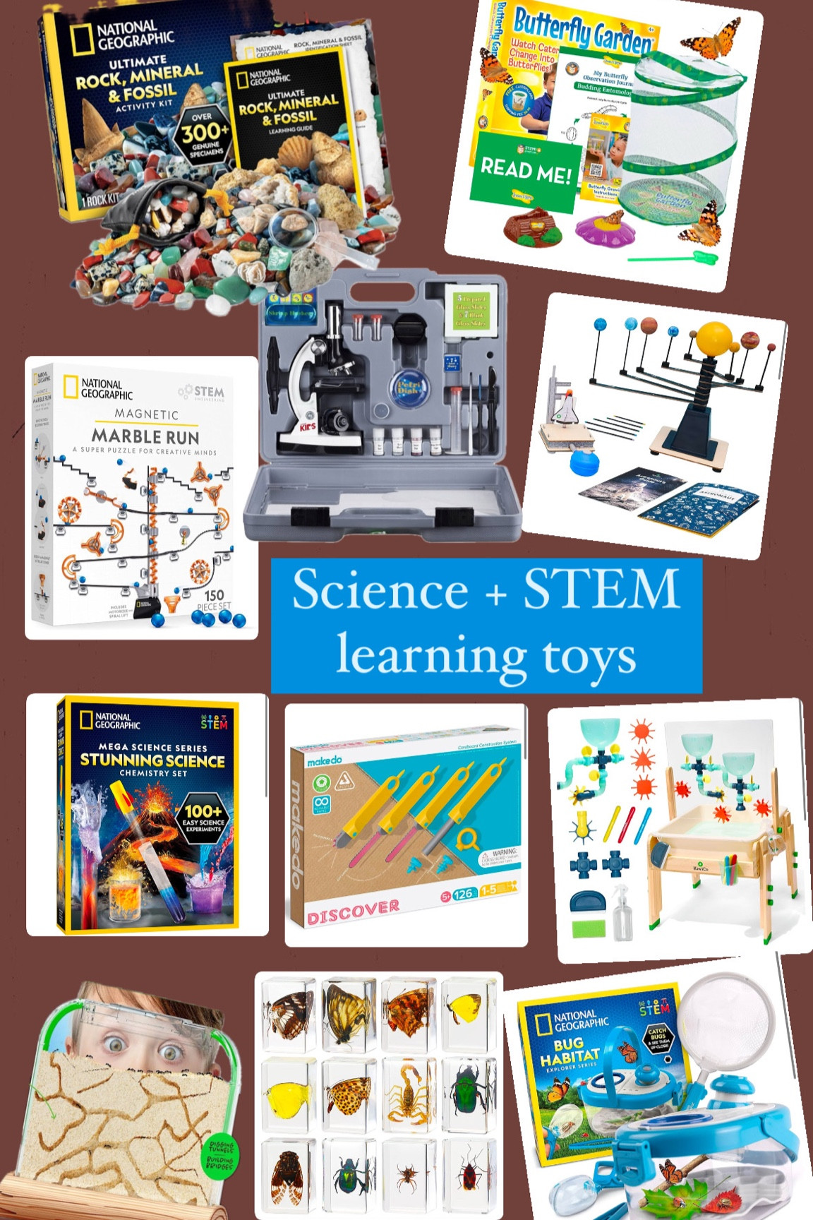 For science-loving littles! Explore space, bugs, crystals, rocks and more!

Kids microscope, science kits, outer space, planets, solar system, science learning, physics, water table, ant farm, National Geographic, geodes, crystals, bugs in resin, insects, ball rug, bug habitat, rocks, minerals, fossils

#LTKGiftGuide #LTKKids