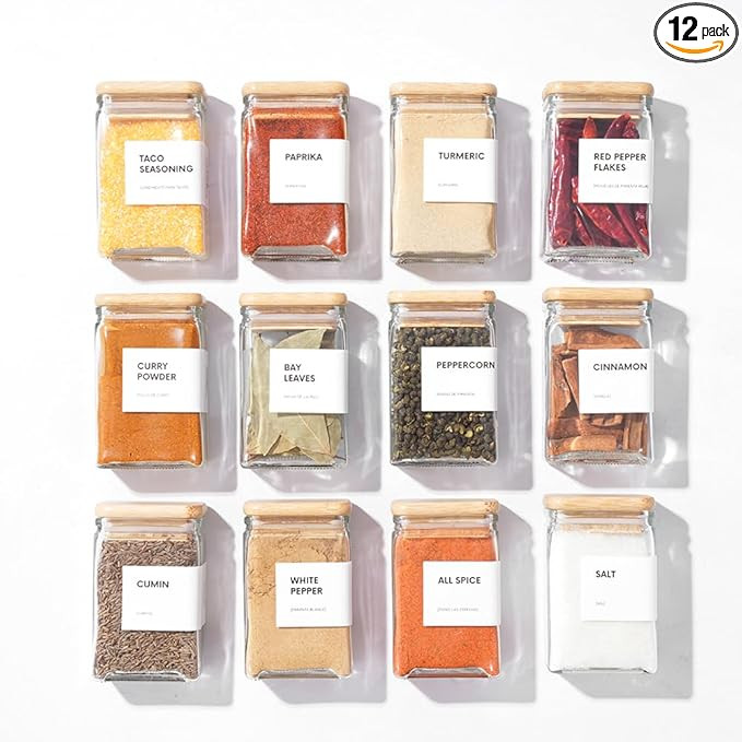 APT 1101 Glass Square Spice Jars with Labels, 4oz Glass Jars with Bamboo Lids, Spice Bottles, Sea... | Amazon (US)