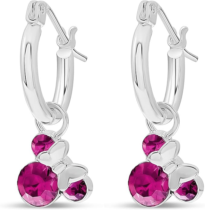 Disney Minnie Mouse Jewelry, Crystal Birthstone Silver Plated Hoop Dangle Earrings, Latch Back | Amazon (US)