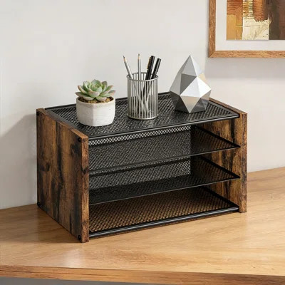 3-Tier Stackable Desk Organizer, Metal Mesh And Wooden Letter Tray For Office Supplies, Paper File Holder For Home Office And School Use | Wayfair North America