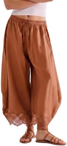 SeeLuNa Comfy Women's Pants Cropped Lace Hem Pants Summer Boho Drawstring High Rise Wide Leg Loun... | Amazon (US)