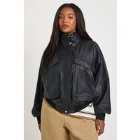boohoo Women's Plus Funnel Neck Oversized Leather Jacket in Black | Size: 16 | Boohoo.com (UK & IE)