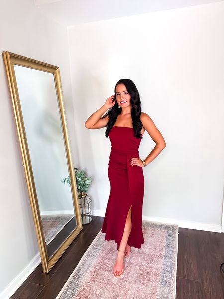 Under $35 amazon strapless formal maxi dress (small, 4 colors) use code JH5UEIBX for 20% off. Valid through 9/15. Under $20 amazon tan and clear heels perfect for bridesmaids (tts), under $12 gold statement earrings —love this for a fall wedding guest formal option! #founditonamazon 

#LTKfindsunder50 #LTKsalealert #LTKwedding