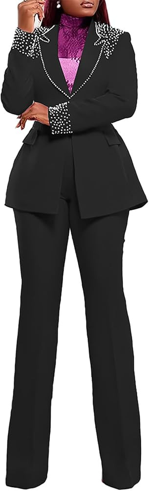 Tcremisa Womens Fashion Pants Suit 2 Piece Business Outfits Pearls Long Sleeve Blazer and Slim Fi... | Amazon (US)