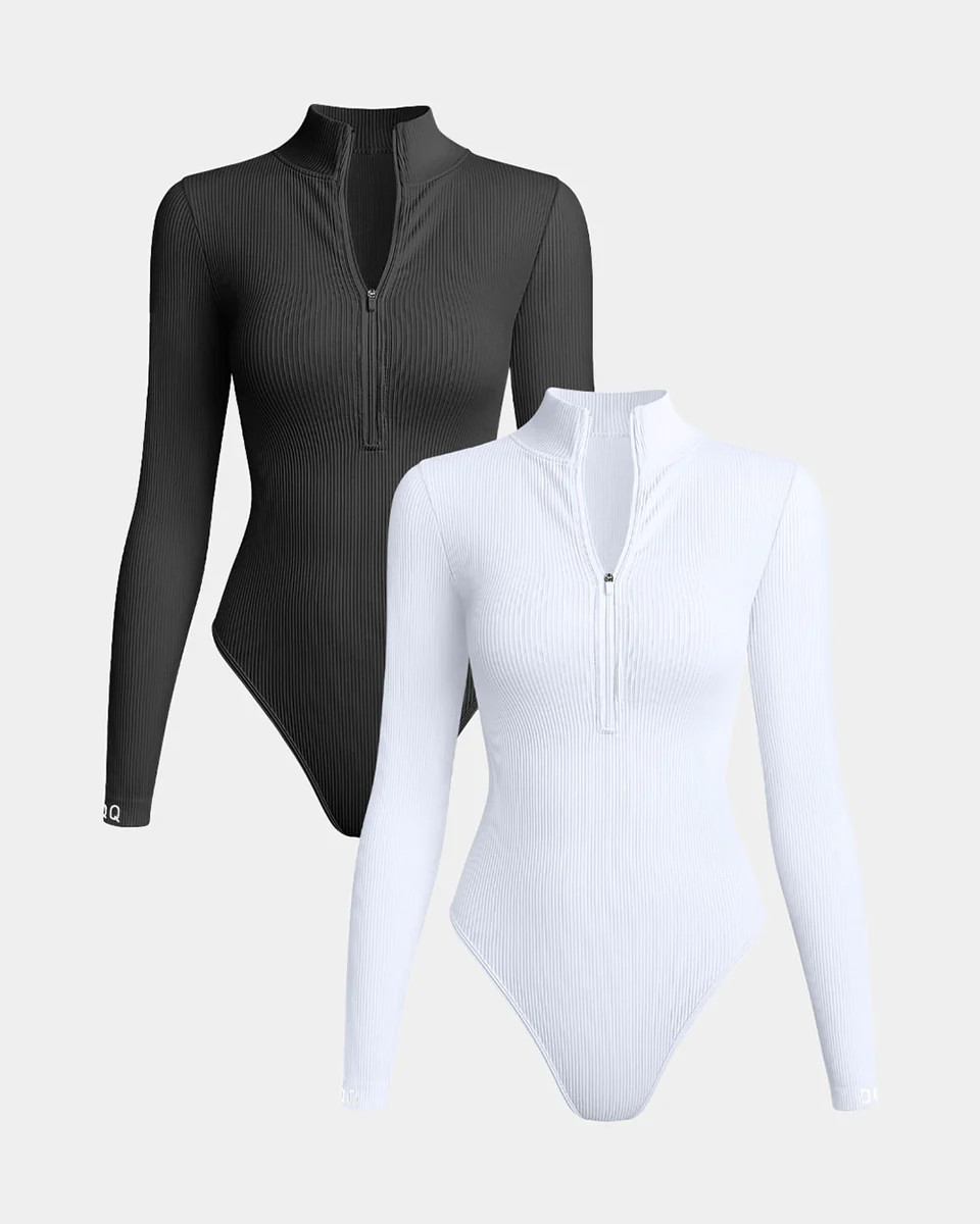 Zip Front Long Sleeve  Bodysuits | Oqq