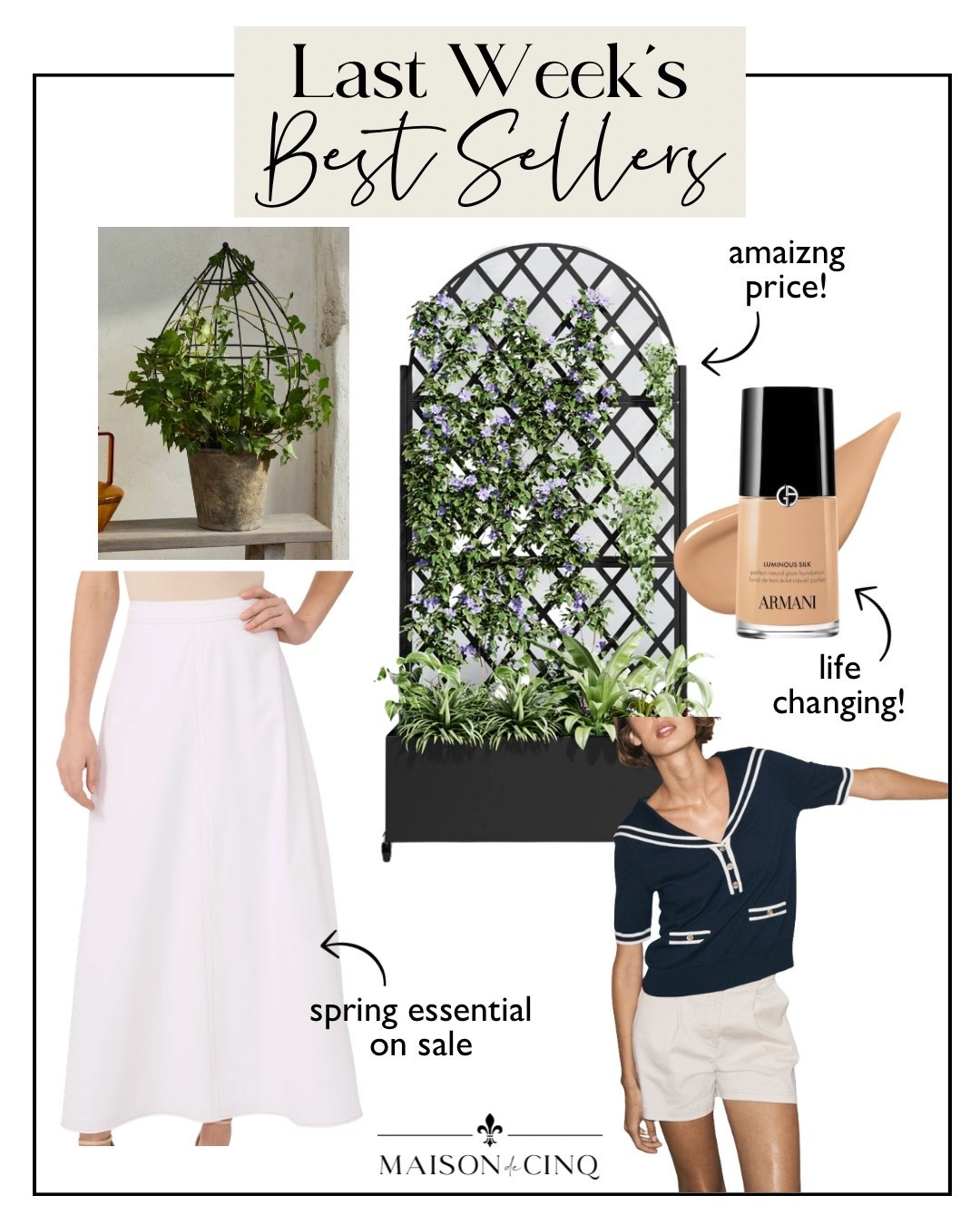 Last week’s best sellers include a trellis at an amazing price, a pretty white skirt on sale, my fave foundation and more!

Home decor, spring fashion, outdoor decor, spring decor, spring outfit, spring skirt, makeup, spring top, spring sweater 

#LTKHome #LTKOver40 #LTKSeasonal