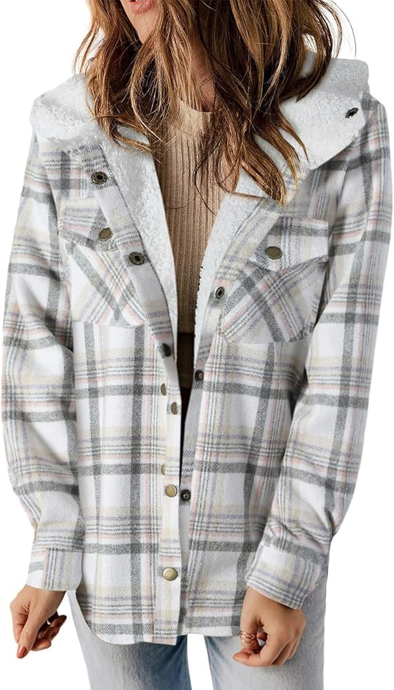 Dokotoo Womens Plaid Shacket Jacket Long Sleeve Button Down Fleece Hooded Jackets Warm Coat | Amazon (US)