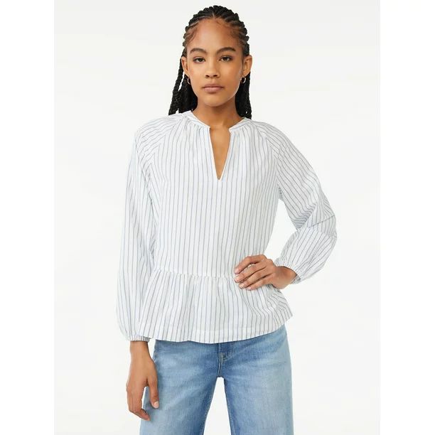Free Assembly Women's V-Neck Peplum Top with Long Sleeves | Walmart (US)