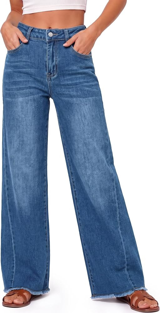 Flowyair Womens Bell Bottom Jeans High Waisted Flare Wide Leg Denim Pants | Amazon (US)