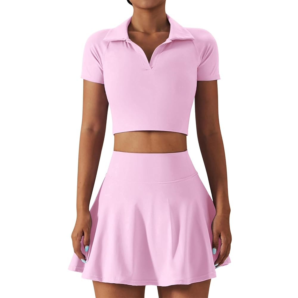 2 Piece Tennis Dress for Women High Waist Pleated Tennis Skirt with Shorts Short Sleeve Crop Golf... | Amazon (US)