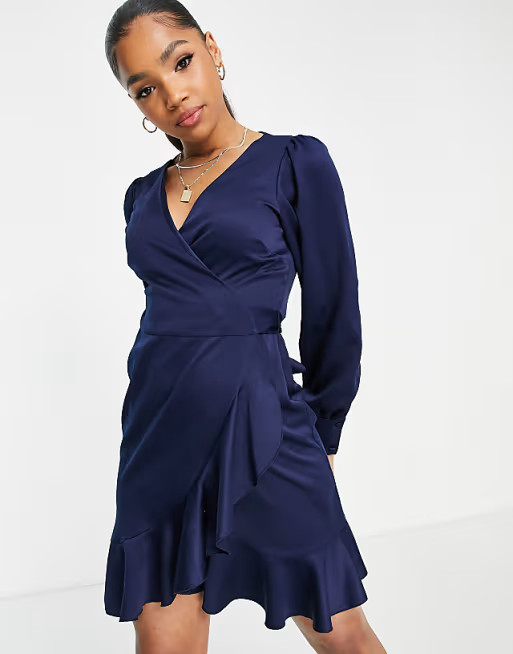 Style Cheat satin wrap mini dress in navy | ASOS (Global)