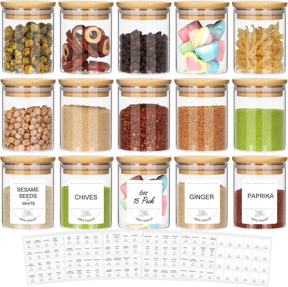 STARSIDE 6 oz Glass Jars with Bamboo Lids,Set of 15 Empty Spice Jars with Labels,Glass Spice Contain | Amazon (US)