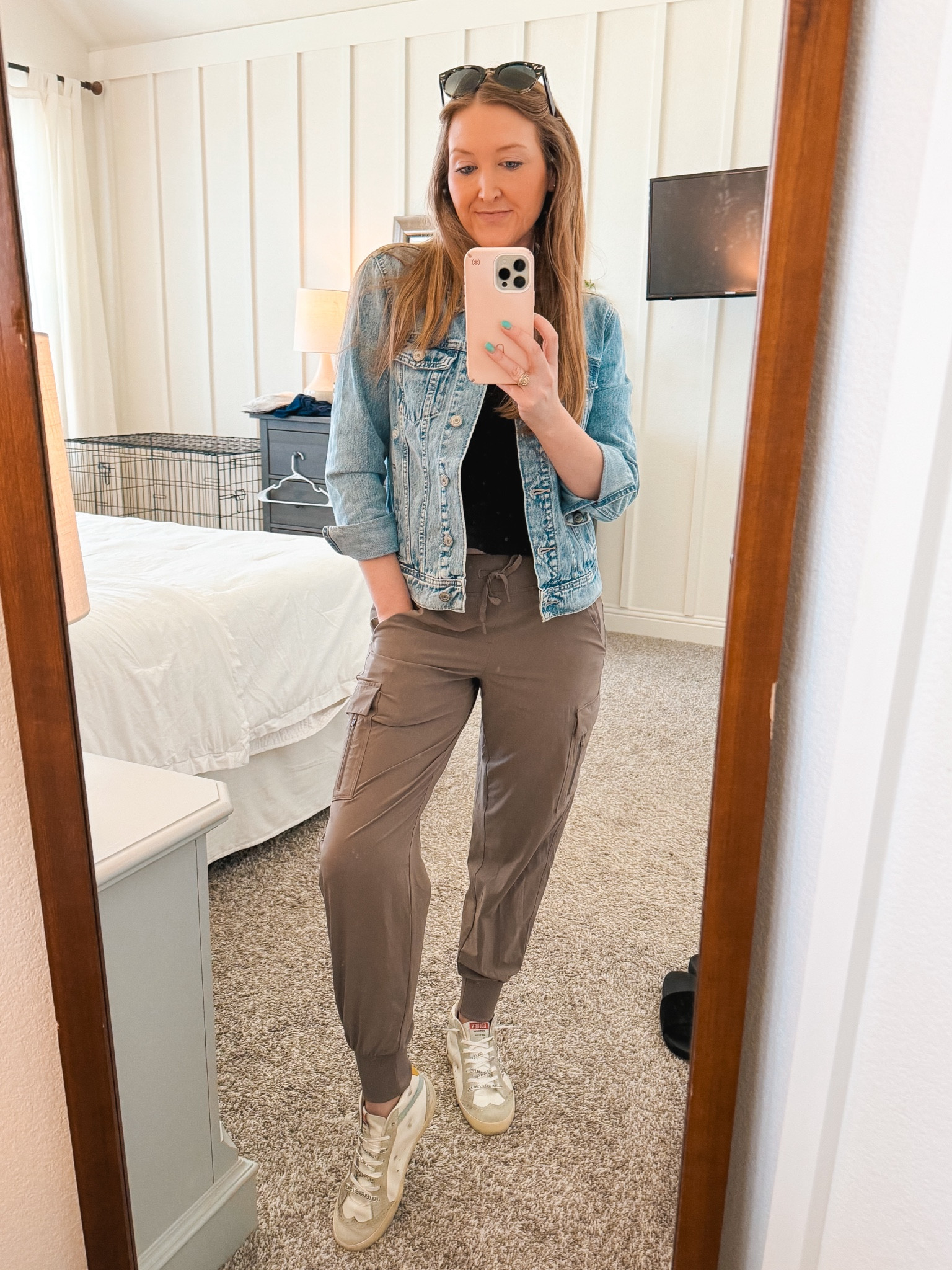 Casual running errands outfit for spring 🌸 cargo joggers with a black crop tee, jean jacket & golden goose midstar shoes 👟✨ these pants are on sale! 
#springstyle #momstyle #goldengoose #goldengoosemidstar #schooldropoff #runningerrands #momfit 

#LTKshoecrush #LTKfindsunder50 #LTKsalealert
