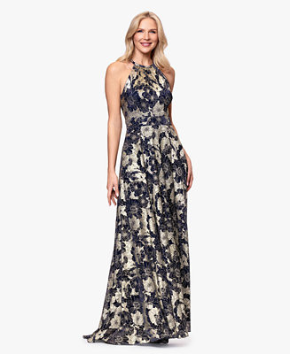 Women's Halter Neck Wrap Foil Gown | Macy's