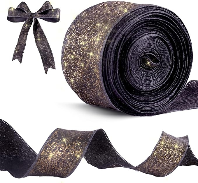 1-1/2 Inch Black Glitter Laser Wired Edge Ribbon, 5 Yd x 1 Rolls Single Face Glossy Shimmery Chif... | Amazon (US)