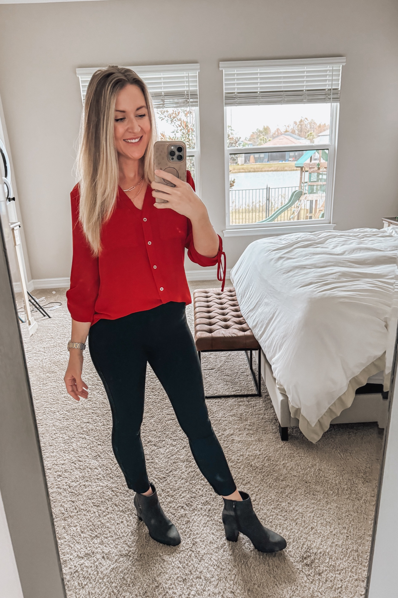 Office holiday potluck ready! A classic red button down and stretchy SPANX give that comfortable yet holiday chic look. 

Almost 5’6” wearing a size small in the pants and top

#LTKHoliday #LTKworkwear #LTKstyletip