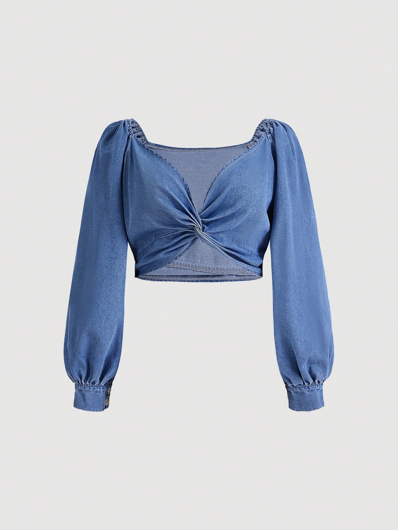 SHEIN Essnce Plus Twist Front Lantern Sleeve Crop Denim Top | SHEIN