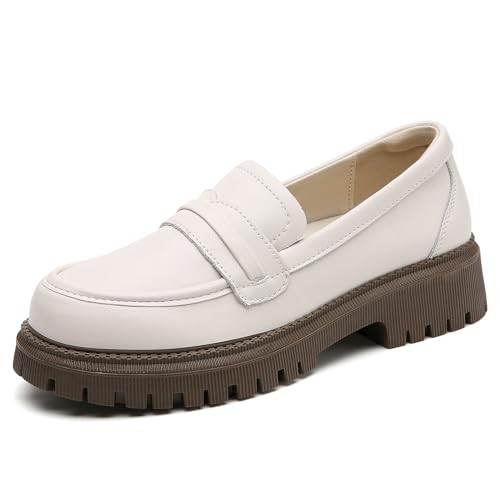 IUY Loafers for Women Leather Chunky Platform Penny Shoes Classic Women's Loafers & Slip-ons Shoes Casual Dress Shoes Comfortable Business Work Shoes Beige US 8.5 | Amazon (US)
