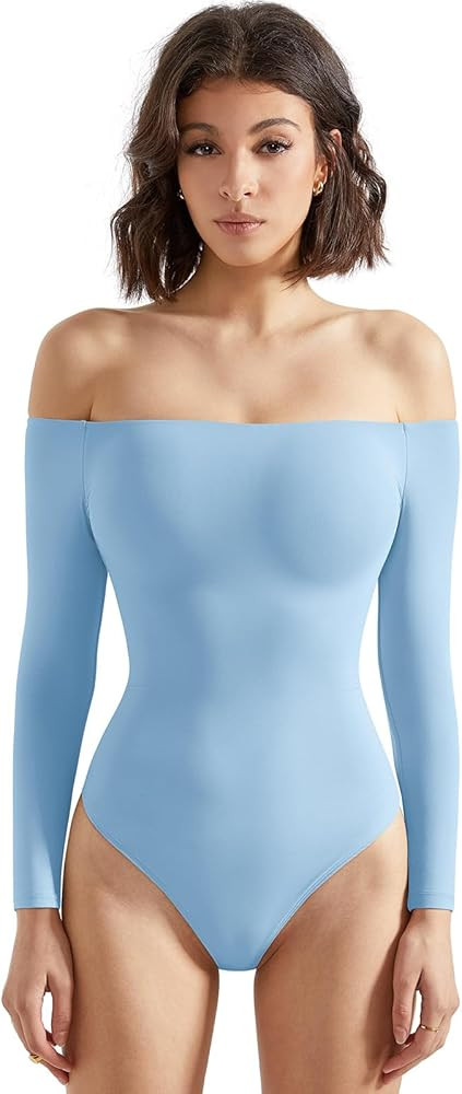 SUUKSESS Women Off the Shoulder Long Sleeve Bodysuit Double Lined Thong Bodysuit | Amazon (US)