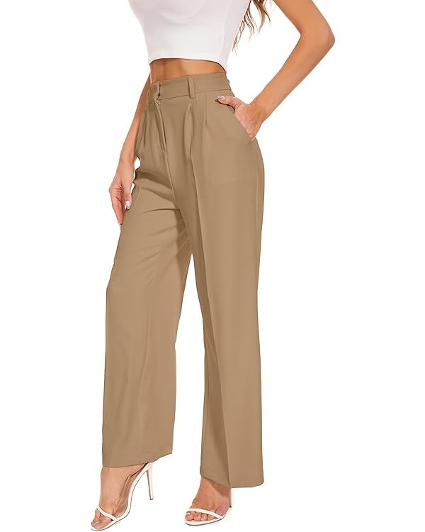 FUNYYZO Women's Wide Leg Pants High Elastic Waisted in The Back Business Work Trousers Long Strai... | Amazon (US)