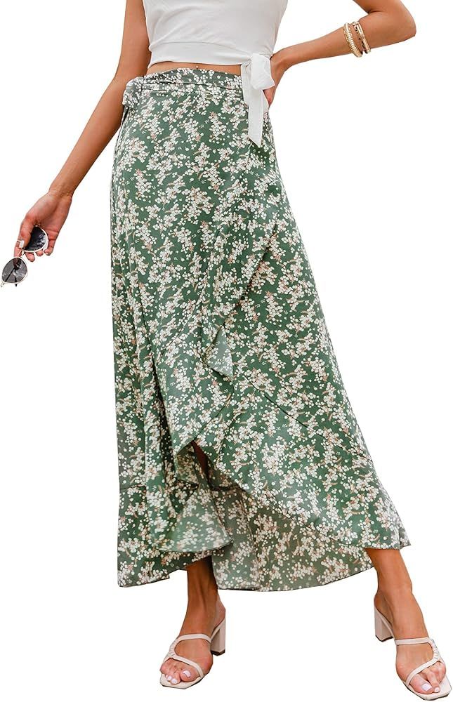 BerryGo Women's Boho Floral Wrap Maxi Skirt High Waisted Long Skirt with Slit | Amazon (US)