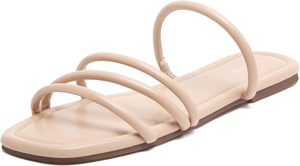 vodvob Women's Flat Strappy Sandals Flat Open Toe Slides for Summer Beach Holiday Outdoor | Amazon (US)