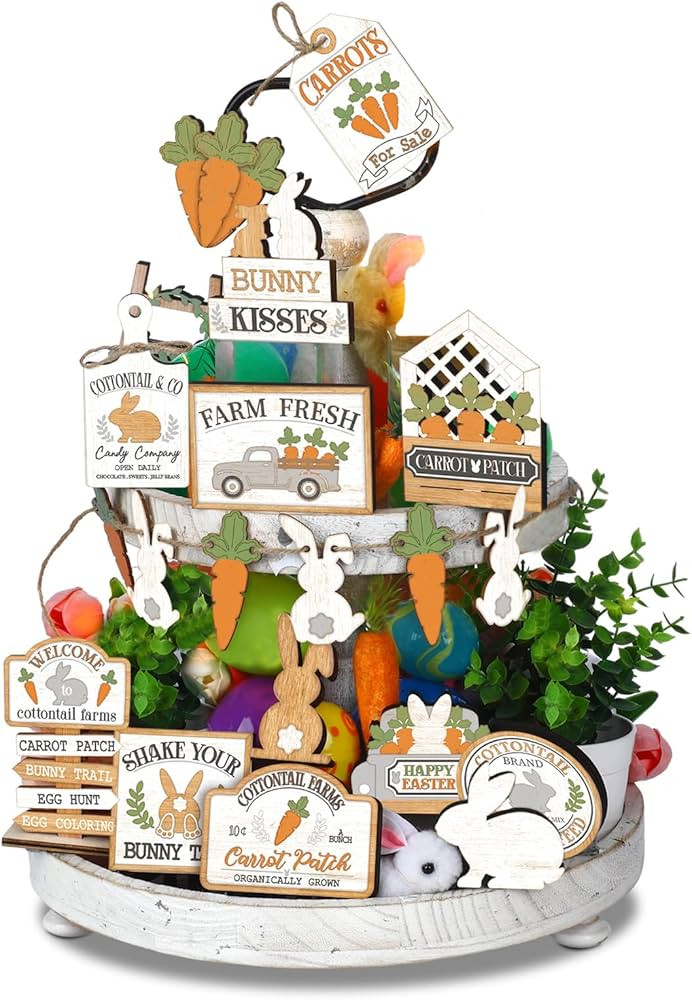 Amyhill 24 Pcs Easter Tiered Tray Decor Bunny Carrot Farmhouse Easter Decorations Spring Tiered T... | Amazon (US)