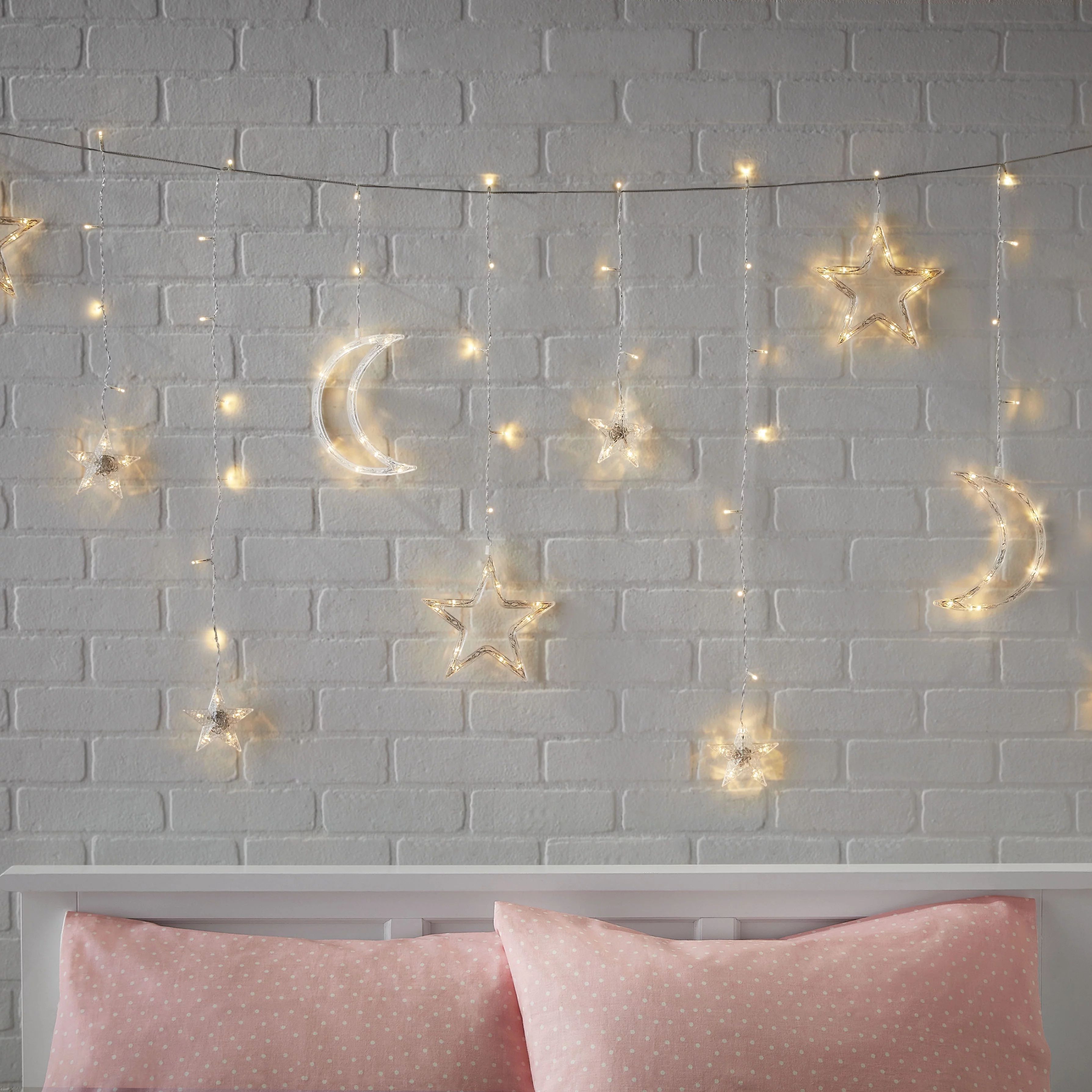 Mainstays 144-Count Indoor Battery Operated Warm White LED Curtain Lights, with Stars and Moons, ... | Walmart (US)