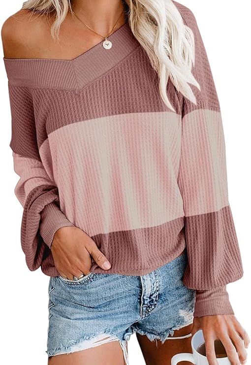 Adreamly Women's V Neck Long Sleeve Waffle Knit Top Off Shoulder Oversized Pullover Sweater | Amazon (US)